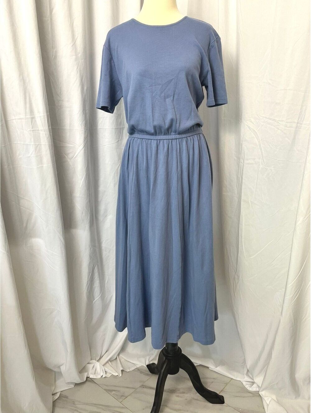Vintage Lands End Periwinkle Blue Cotton Knit Elastic Waist Midi Dress Sz M